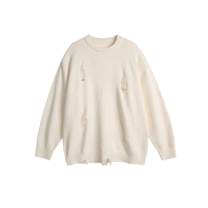 Unisex Oversize Knit Sweater with Destroyed Detail and Ribbed Cuffs Mune Fashion