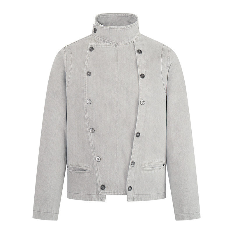 Men's asymmetrical denim jacket with stand-up collar and double-breasted snap closure Mune Fashion