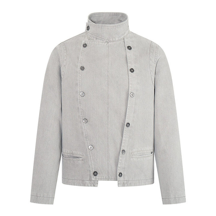 Men's asymmetrical denim jacket with stand-up collar and double-breasted snap closure Mune Fashion