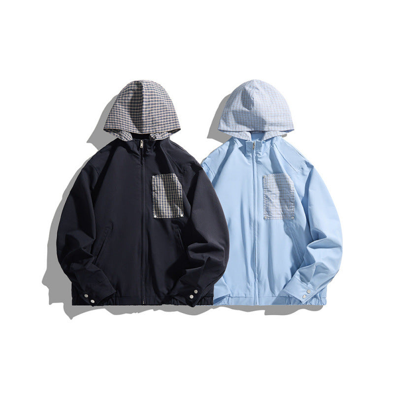 Unisex Lightweight Hooded Transition Jacket with Checkered Pattern Lining and Chest Pocket Mune Fashion