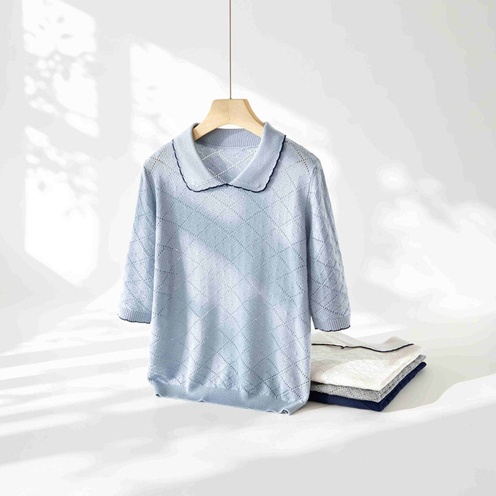 Women's short sleeve fine knit pullover with Peter Pan collar, eyelet diamond pattern and fine contrast edge Mune Fashion