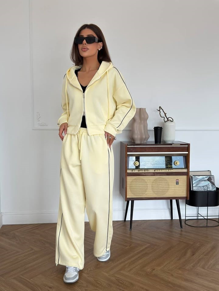 Women's Casual Two-Piece Lounge Set with Oversized Zip Jacket and Wide Drawstring Pants Waist Mune Fashion