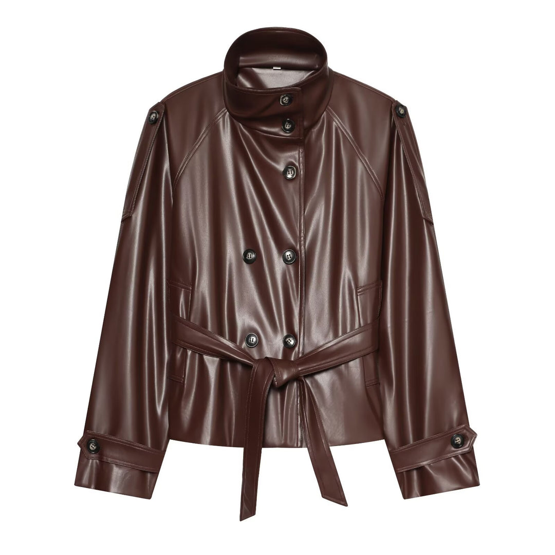 Women's Short Trench Blouson in Leather Look with Waist Belt, High Standing Collar, and Double Button Placket Drune
