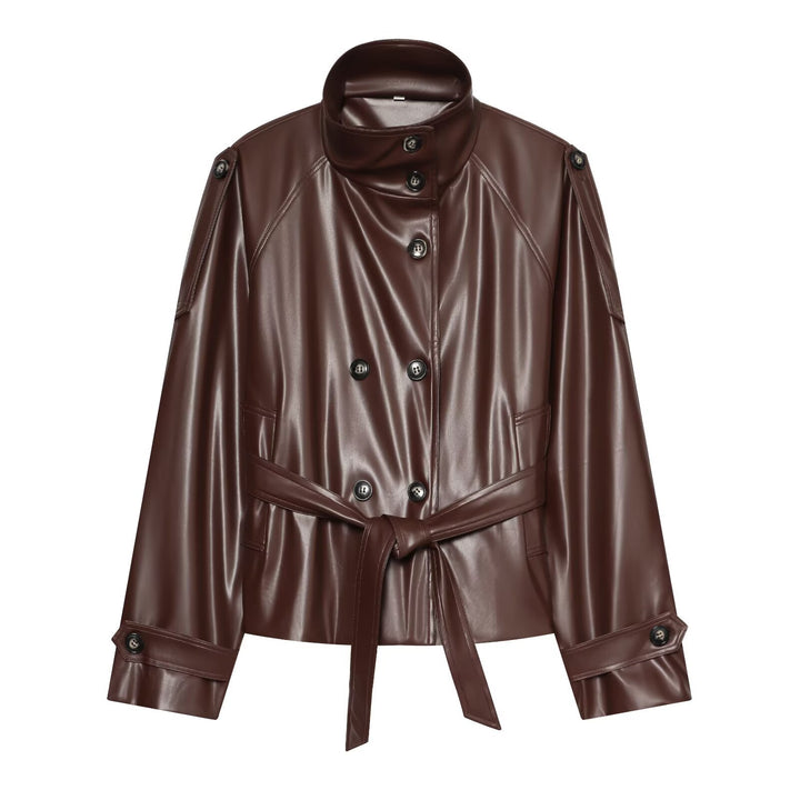 Women's Short Trench Blouson in Leather Look with Waist Belt, High Standing Collar, and Double Button Placket Drune