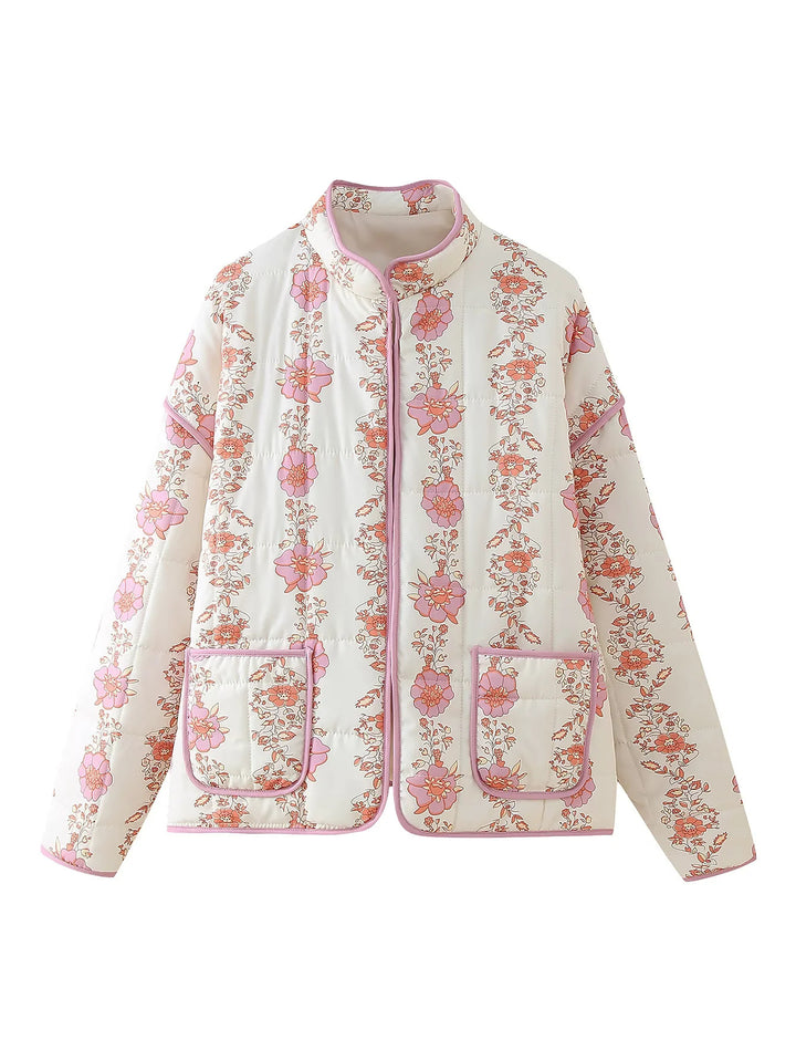 Women's quilted floral jacket with stand-up collar, zipper, and patch pockets Mune Fashion