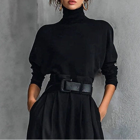 Ladies high-cut elegant pleated trousers with wide leg and roll-neck fine-knit top Mune Fashion