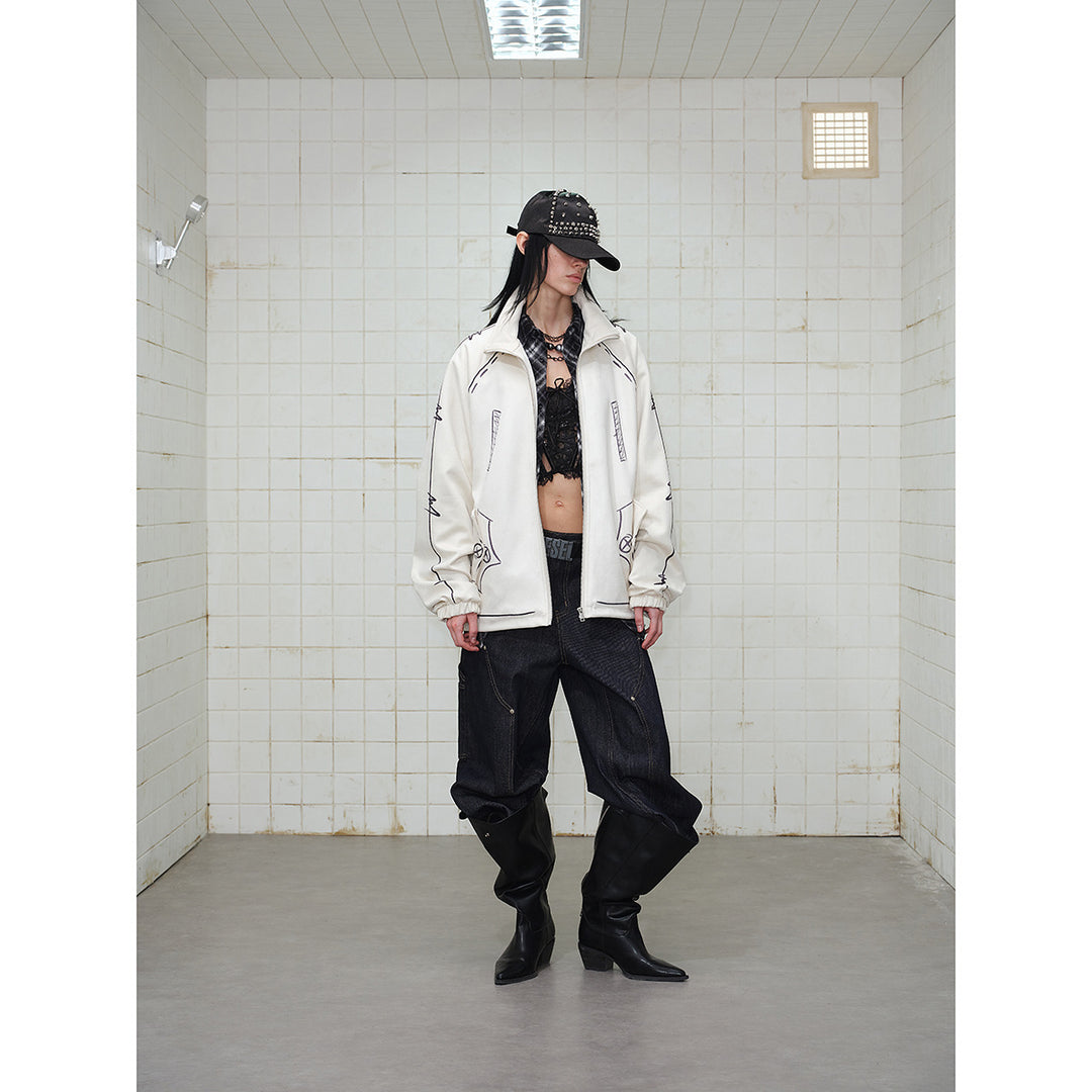 Unisex Oversize Fleece Jacket with Stand-Up Collar and Graphic Sketch Print Mune Fashion