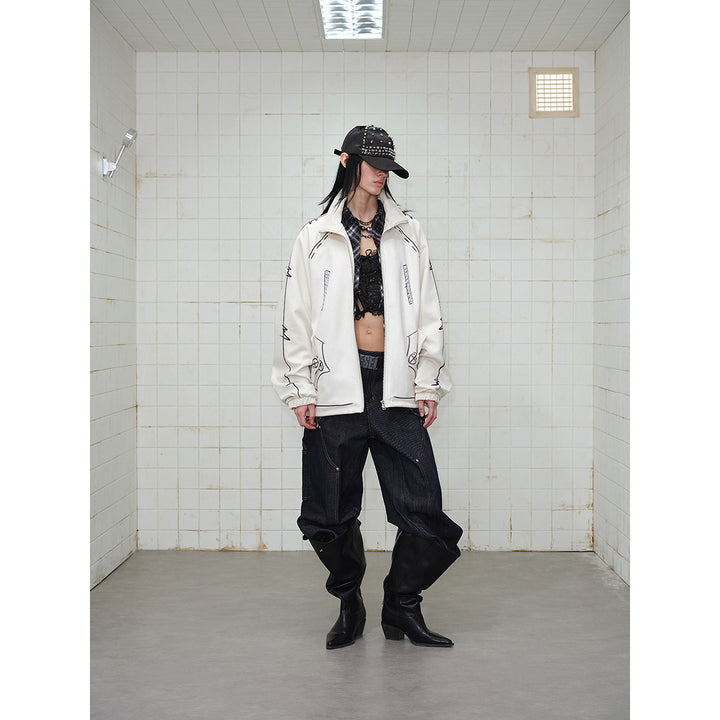 Unisex Oversize Fleece Jacket with Stand-Up Collar and Graphic Sketch Print Mune Fashion