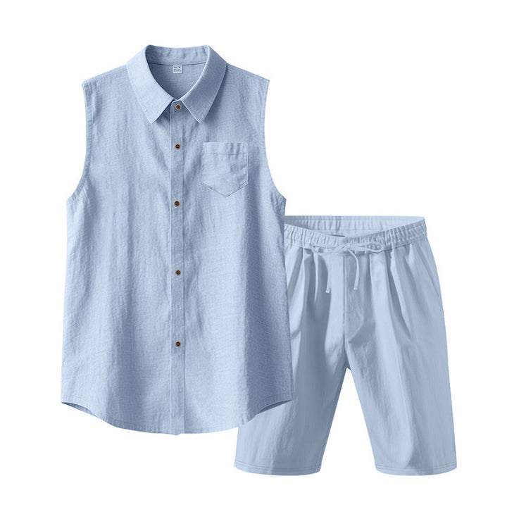 Men's sleeveless shirt and shorts set made of cotton-linen with kent collar and elastic drawstring waistband Mune Fashion