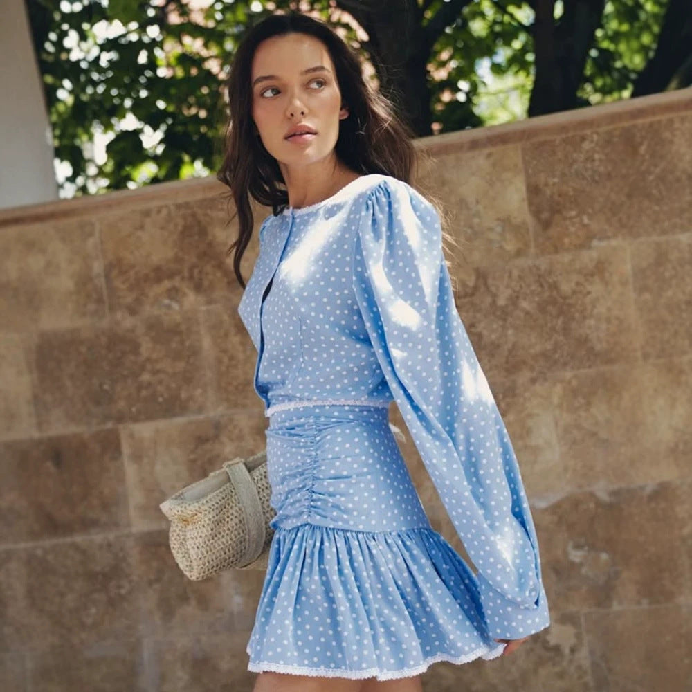 Women's Playful Polka Dot Two-Piece with Ruffled Mini Skirt and Puff Sleeves Mune Fashion
