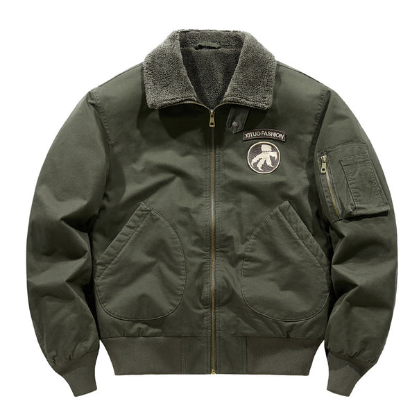Men's  shearling-collar aviator bomber jacket with utility sleeve pocket Mune Fashion