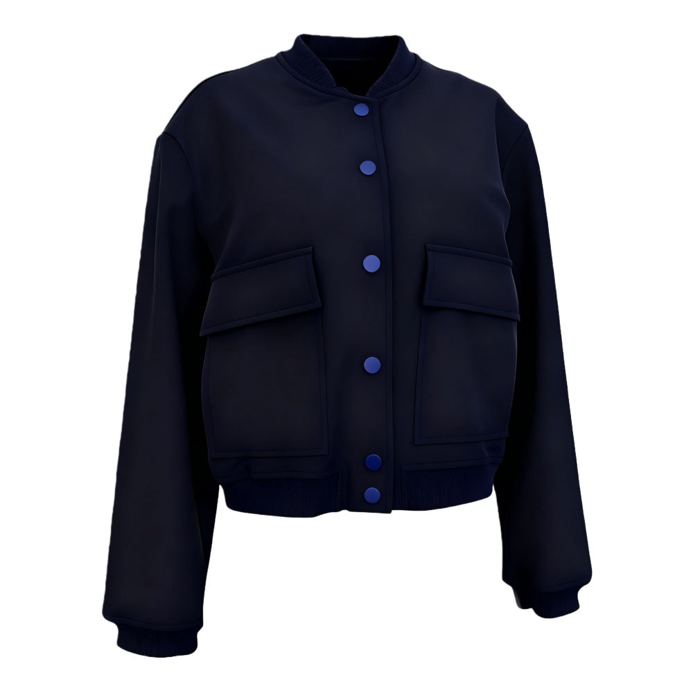 Women's Short Utility Jacket with Stand Collar, Snap Buttons and Flap Pockets Mune Fashion
