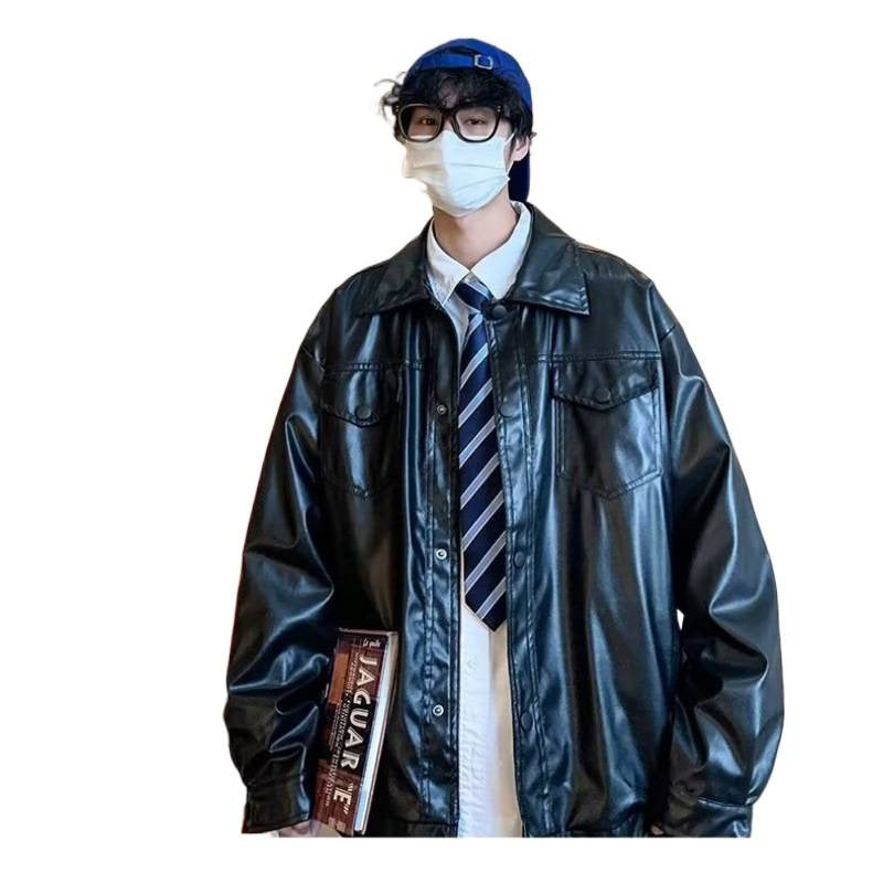 Men's Oversized Faux Leather Shirt Jacket in Boxy Look with Flap Pockets and Snap Placket Mune Fashion