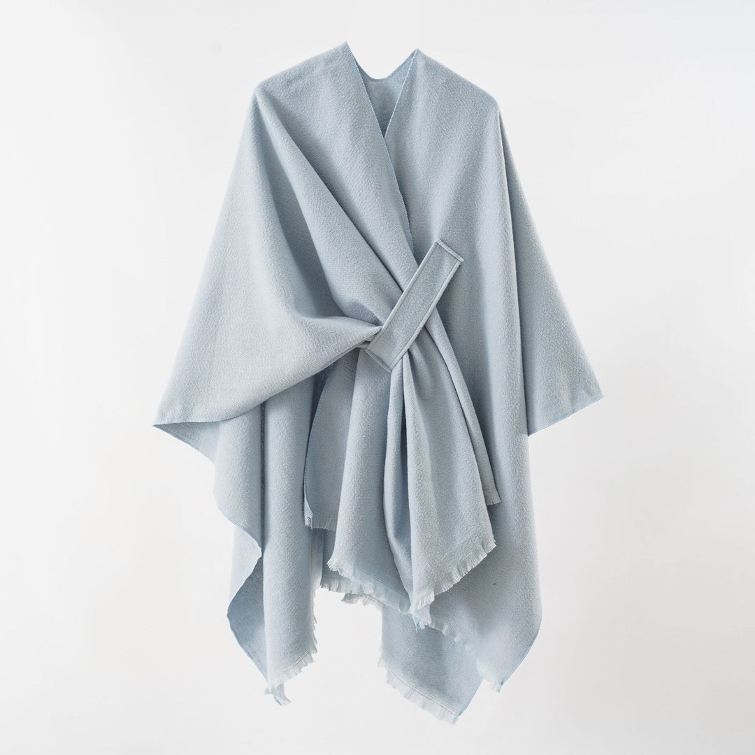 Women's lightweight wool blend wrap with fringes and tie belt Mune Fashion