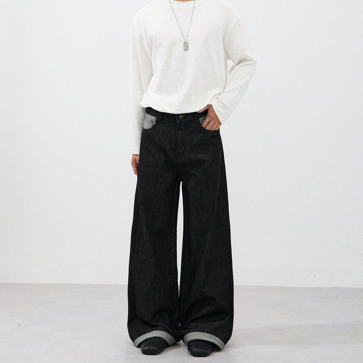 Men's Ultra Wide Denim Marlene Trousers with Extra Long Hem Edge and Five-Pocket Detail Mune Fashion