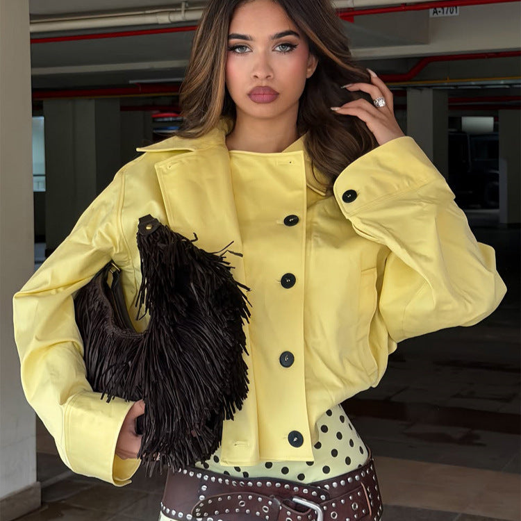 Women's Short Boxy Jacket with Lapel Collar, Contrast Button Detail and Three-Quarter Sleeves Mune Fashion