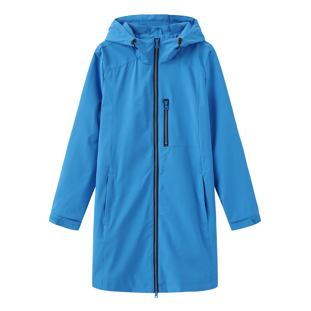 Women's long slim functional rain jacket with full-length zipper, chest zip pocket, and velcro cuffs Mune Fashion