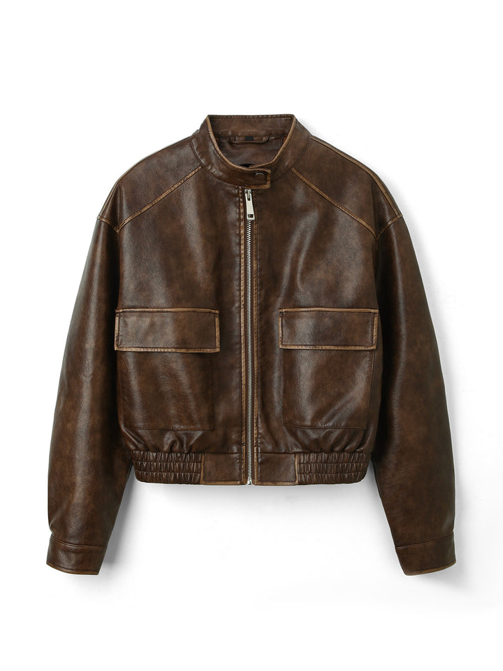 Women Trendy Biker Jacket with Stand-up Collar Mune Fashion