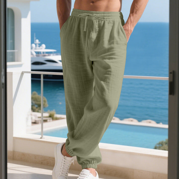 Men's lightweight linen-cotton lounge pants with elastic drawstring, side pockets, and elastic hems Mune Fashion