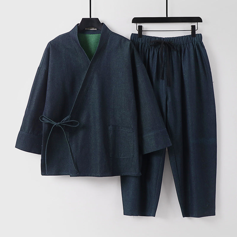 Unisex Casual Denim Kimono Set with Short Sleeve Jacket, Tie Band and Elastic Waist Pants Mune Fashion