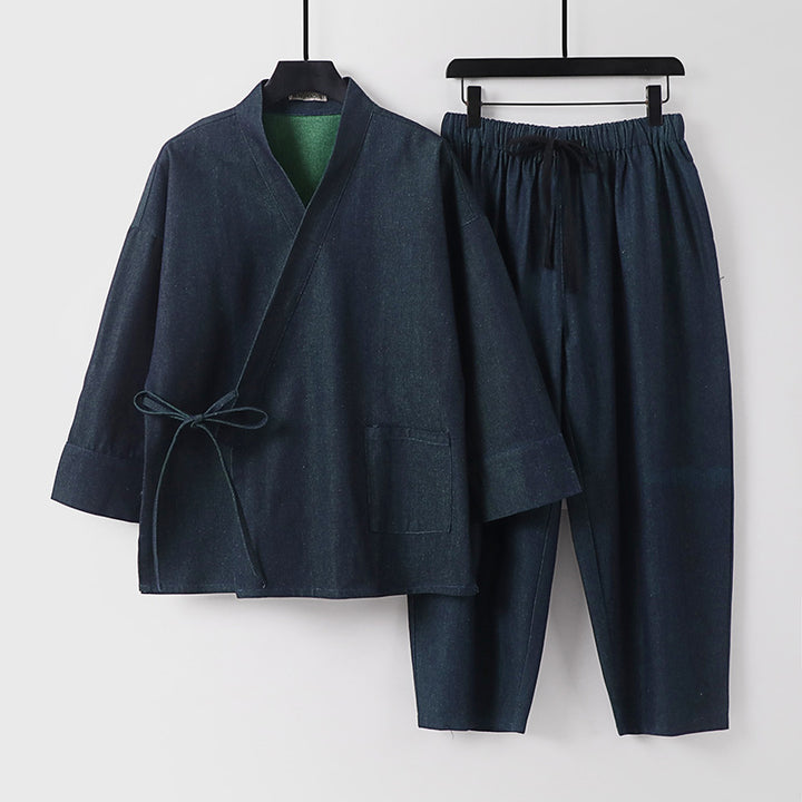 Unisex Casual Denim Kimono Set with Short Sleeve Jacket, Tie Band and Elastic Waist Pants Mune Fashion