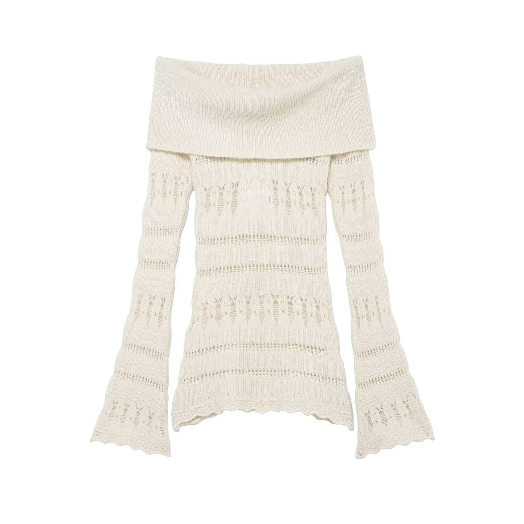 Women's Off-Shoulder Fine Knit Sweater with Folded Roll Neck and Bell Sleeves Mune Fashion
