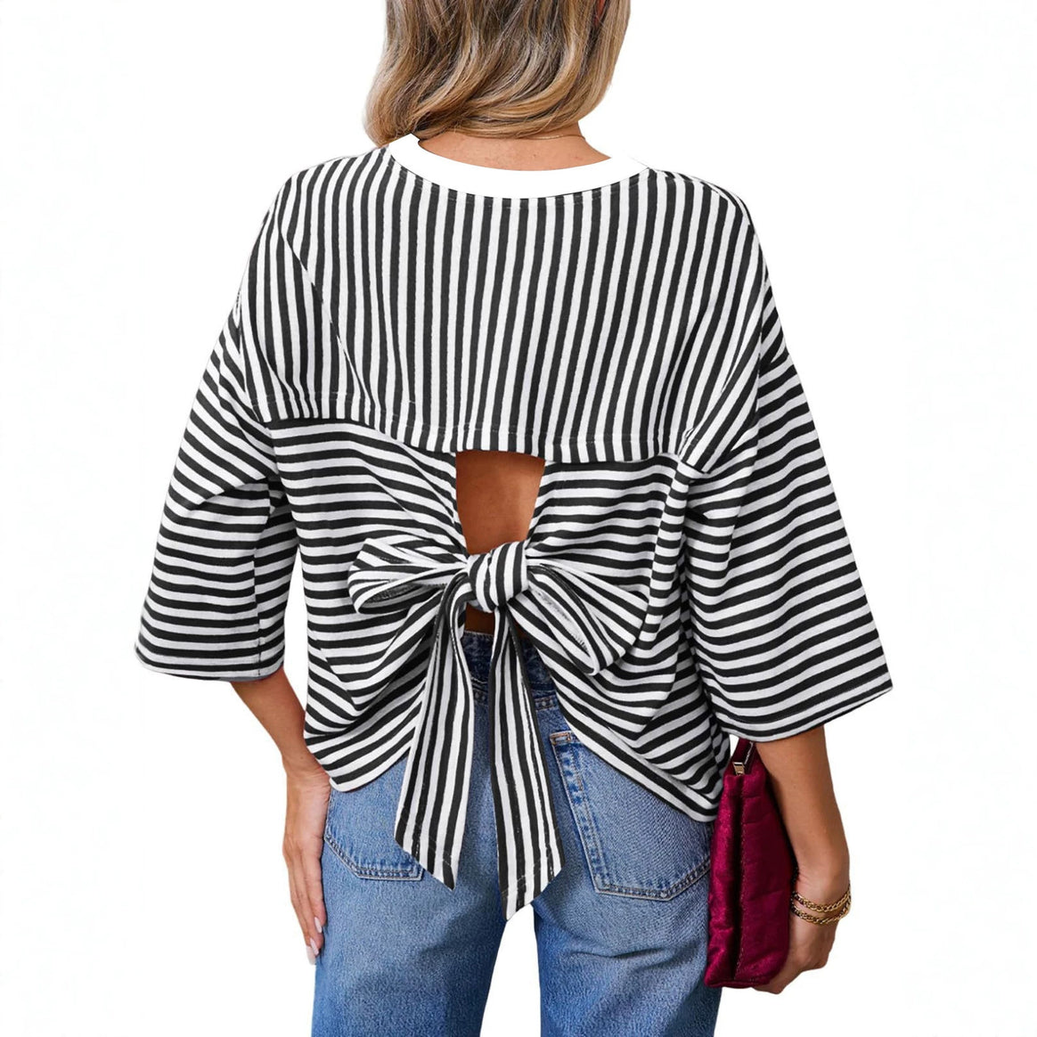 Women's Striped Oversize Shirt with Back Cutout and Bow Tie Mune Fashion