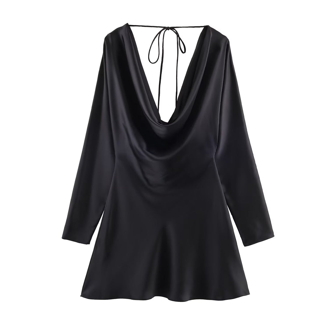 Women's Short Satin Mini Dress with Deep Waterfall Back, V-Neck Front, and Long Sleeves Mune Fashion