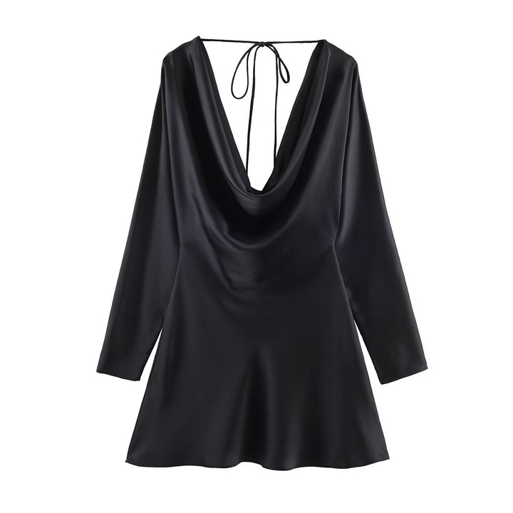 Women's Short Satin Mini Dress with Deep Waterfall Back, V-Neck Front, and Long Sleeves Mune Fashion