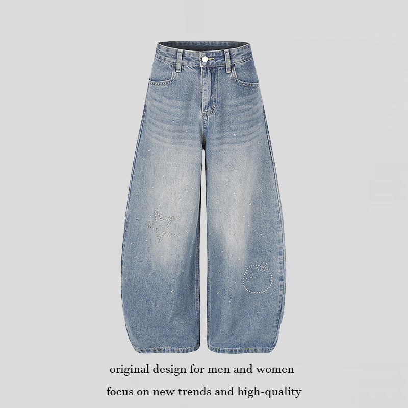 Women's Extra Wide High-Waist Denim Culottes with Palazzo Cut and Star Stud Decoration Mune Fashion