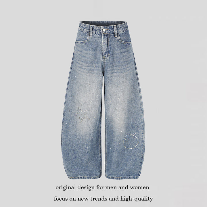 Women's Extra Wide High-Waist Denim Culottes with Palazzo Cut and Star Stud Decoration Mune Fashion