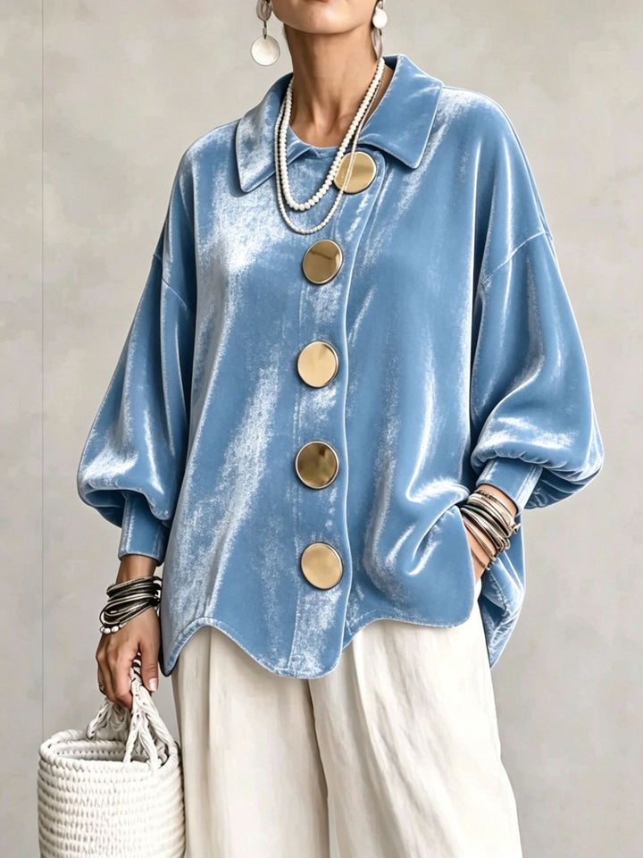 Women's Oversized Velvet Jacket with Large Decorative Buttons and Balloon Sleeves Mune Fashion