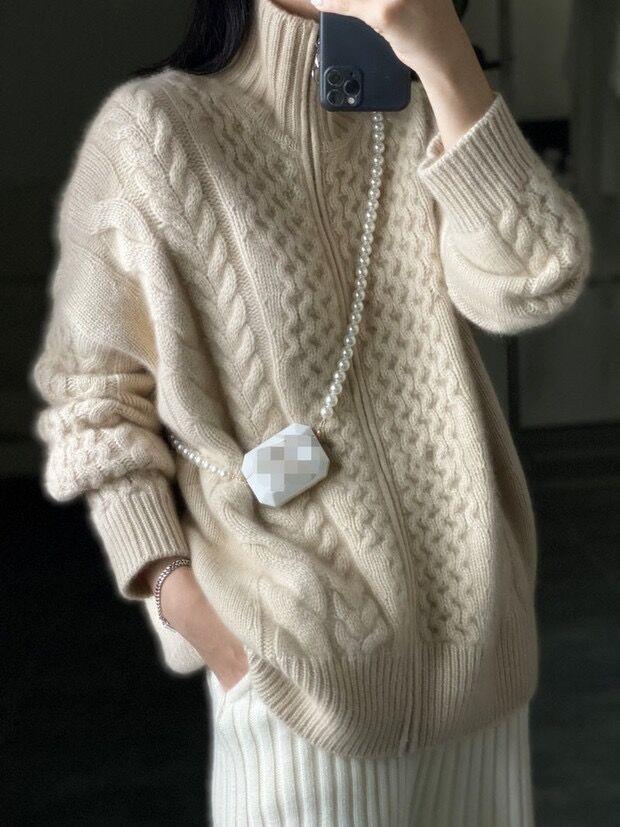 Women's Oversize Cable Knit Mock Neck Sweater in Cozy Mohair Look Mune Fashion