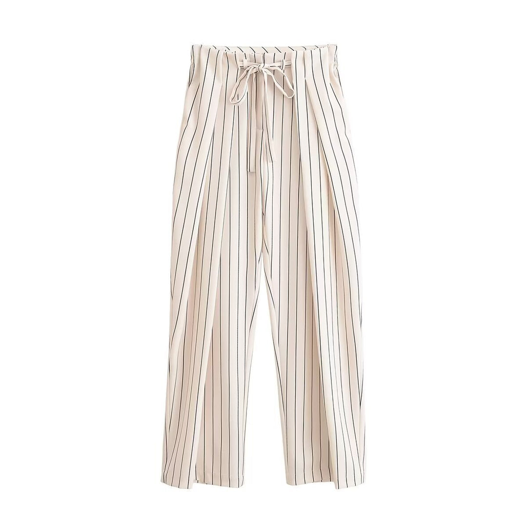 Women's High-waisted Wide Pleated Pants with Drawstring and Vertical Stripes Mune Fashion