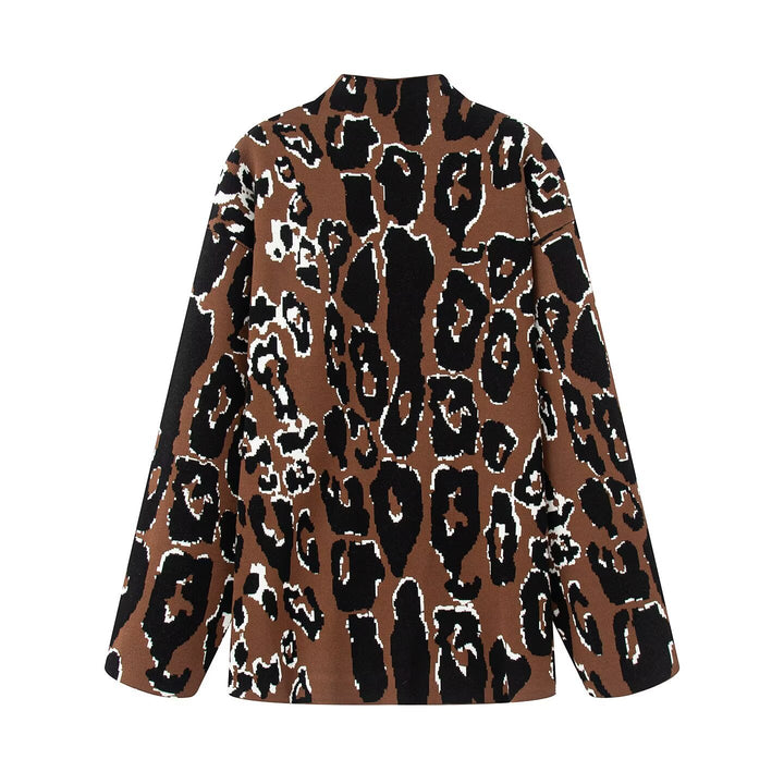 Women's Oversize Knit Jacket with Leopard Jacquard, Stand Collar and Boxy Silhouette Mune Fashion