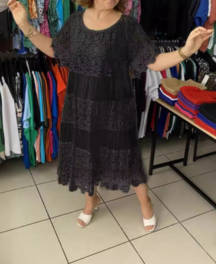 Women's multi-layered lace midi dress with pleated inserts and flounce sleeves Mune Fashion