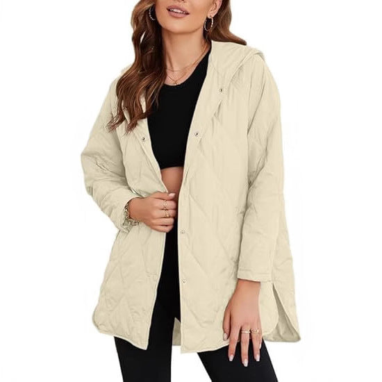 Women's quilted hooded jacket with snap button placket, side slits, and medium length Mune Fashion