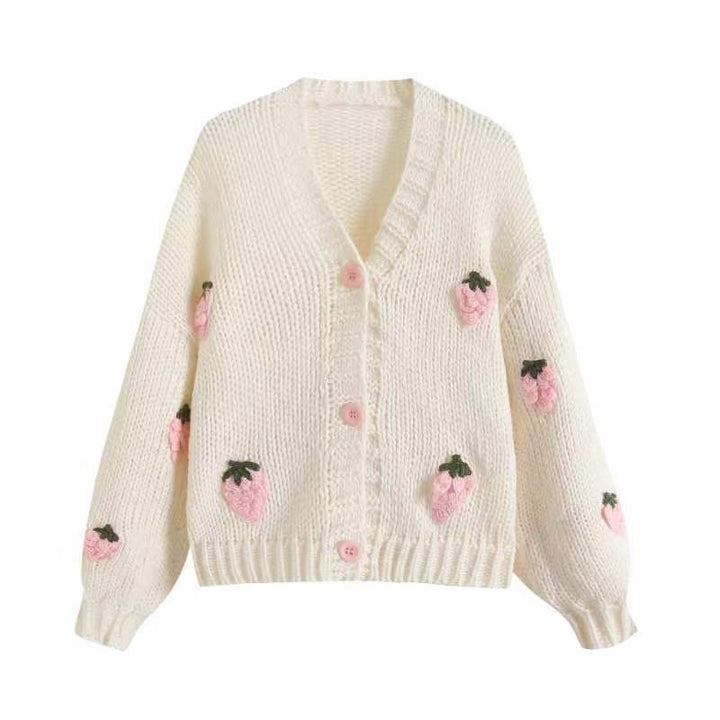 Women's short cardigan with strawberry appliqués and chunky knit Mune Fashion