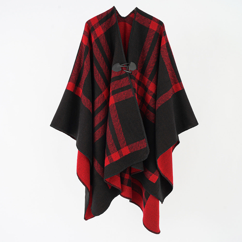 Women's Reversible Wool Blend Poncho with Toggle Closure and Check Pattern Mune Fashion