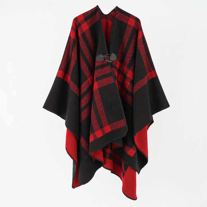 Women's Reversible Wool Blend Poncho with Toggle Closure and Check Pattern Mune Fashion