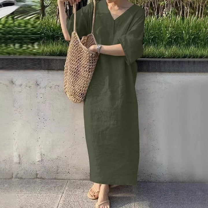 Women's Casual Linen Maxi Dress with V-Neck and Oversize Relax Fit