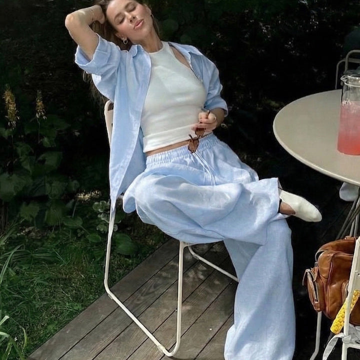 Women's airy linen lounge set with oversized shirt and wide waistband pants with elastic Mune Fashion