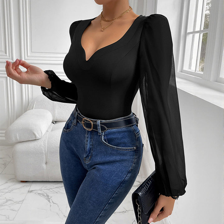 Ladies Elegant Bodysuit with V-neck and Puff Sleeves Mune Fashion