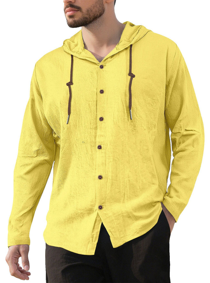 Men's hooded shirt in linen look with button placket and drawstring Mune Fashion