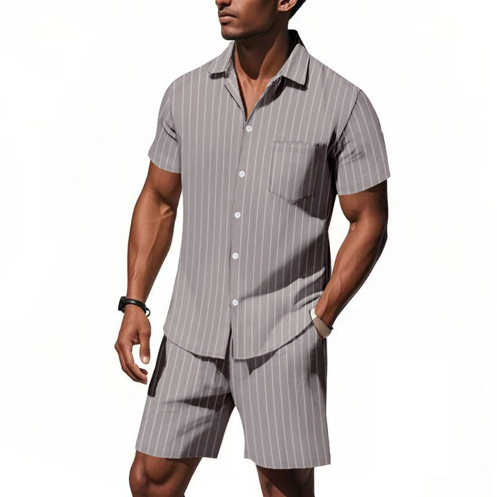 Men's Short Sleeve Pajama Set with Subtle Striped Pattern and Practical Chest Pocket Mune Fashion