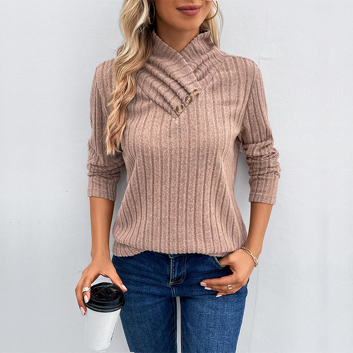 Women's Ribbed Fine Knit Sweater with Overlapping Stand-Up Collar Mune Fashion