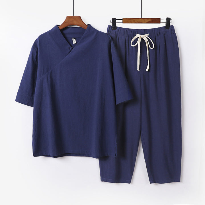 Men's Breathable Linen-Cotton Lounge Set with Asymmetrical V-Neck and Elastic Cord Pants Mune Fashion