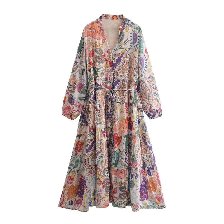 Women’s maxi dress with paisley print, V-neck, waist band and tiered skirt Mune Fashion