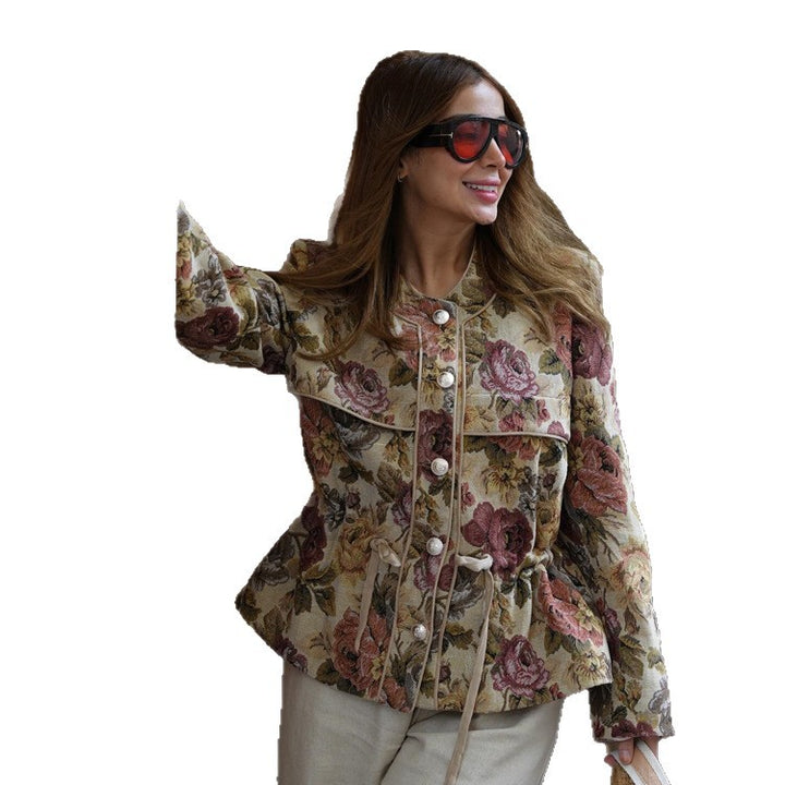 Ladies short jacquard blouson jacket with floral weave pattern, drawstring waist and pearlescent buttons Mune Fashion