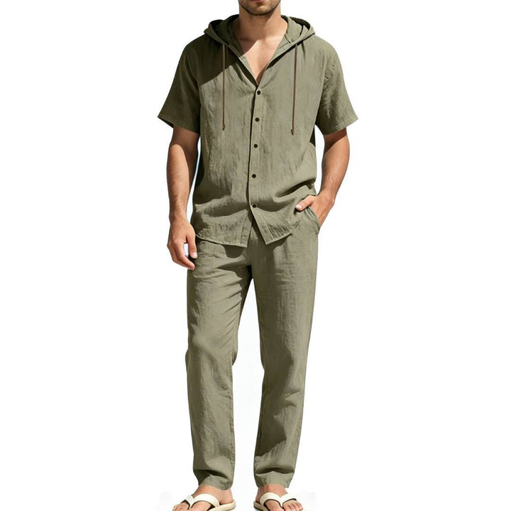 Men's airy linen lounge set with short-sleeved hoodie and straight relaxed pants Mune Fashion